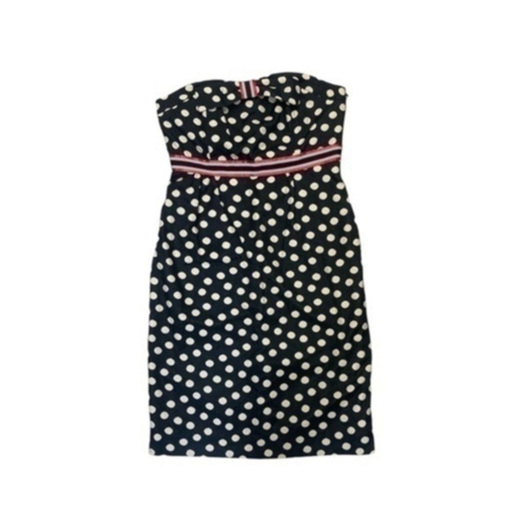 Maeve Color Block Polka Dots Black Midi Strapless Dress